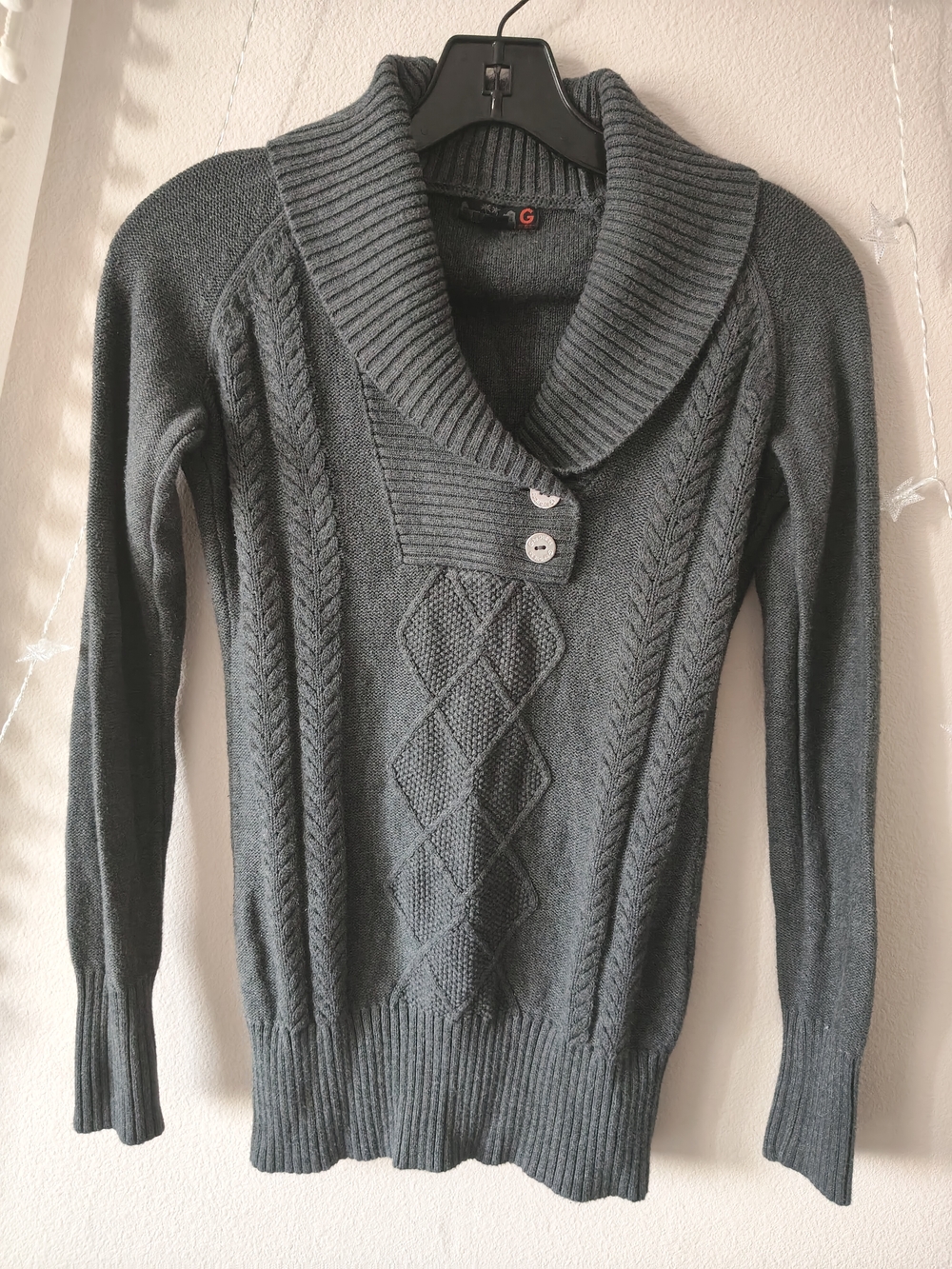 G by Guess Dark Gray Shawl Collar V-Neck Cable Knit Sweater